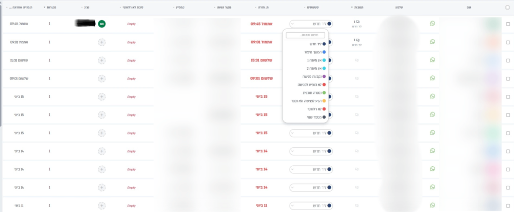 מסך CRM לניהול לידים עם מקור פרסום, סטטוס, אחראי ומשימת follow-up